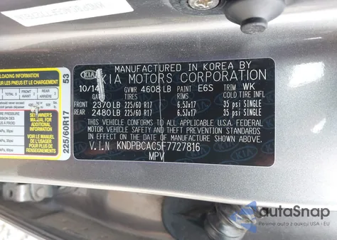 2015 Kia Sportage Lx z USA, uszkodzony, nr VIN KNDPBCAC5F7727816